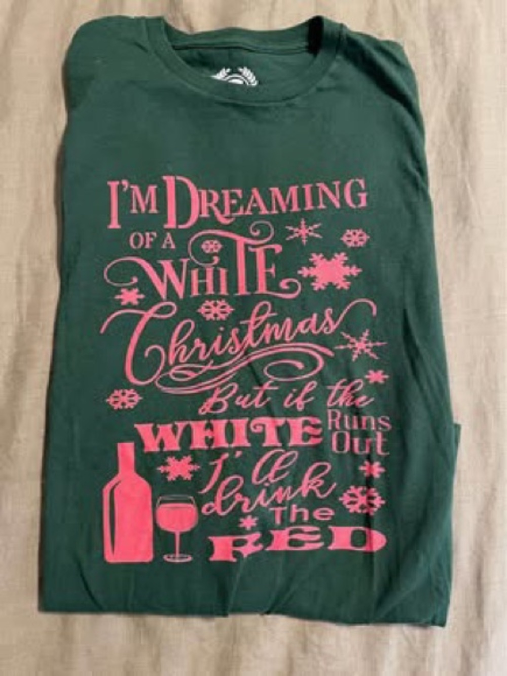 Women's Dark Green Long Sleeve Tee with Pink Holiday Wine Graphic